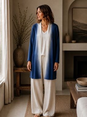 Bylyse Blue White Ombré Cotton Modal Cardigan Sweater Large